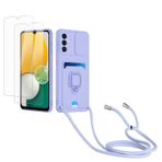 Kaslly için Samsung Galaxy A13 5G/A04S Telefonu Kılıfı,[2 adet Ekran Koruyucu],Kayar Kamera Kapağı,Halka Tutucu Destek Standı,Telefonu Zinciri(Çıkarılabilir), Kart Yuvaları-Mor