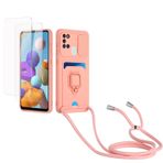 Kaslly için Samsung Galaxy A21S Telefonu Kılıfı,[2 adet Ekran Koruyucu],Kayar Kamera Kapağı,Halka Tutucu Destek Standı,Telefonu Zinciri(Çıkarılabilir), Kart Yuvaları-Pembe