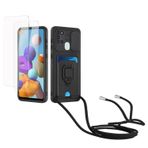 Kaslly için Samsung Galaxy A21S Telefonu Kılıfı,[2 adet Ekran Koruyucu],Kayar Kamera Kapağı,Halka Tutucu Destek Standı,Telefonu Zinciri(Çıkarılabilir), Kart Yuvaları-Siyah