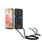 Kaslly için Samsung Galaxy A22 4G/M32 4G Telefonu Kılıfı,[2 adet Ekran Koruyucu],Kayar Kamera Kapağı,Halka Tutucu Destek Standı,Telefonu Zinciri(Çıkarılabilir), Kart Yuvaları-Siyah