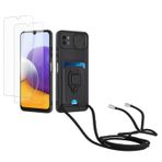 Kaslly için Samsung Galaxy A22 5G Telefonu Kılıfı,[2 adet Ekran Koruyucu],Kayar Kamera Kapağı,Halka Tutucu Destek Standı,Telefonu Zinciri(Çıkarılabilir), Kart Yuvaları-Siyah