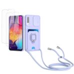 Kaslly için Samsung Galaxy A30S/A50S/A50 Telefonu Kılıfı,[2 adet Ekran Koruyucu],Kayar Kamera Kapağı,Halka Tutucu Destek Standı,Telefonu Zinciri(Çıkarılabilir), Kart Yuvaları-Mor