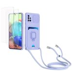 Kaslly için Samsung Galaxy A51 4G Telefonu Kılıfı,[2 adet Ekran Koruyucu],Kayar Kamera Kapağı,Halka Tutucu Destek Standı,Telefonu Zinciri(Çıkarılabilir), Kart Yuvaları-Mor