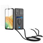 Kaslly için Samsung Galaxy A54 5G Telefonu Kılıfı,[2 adet Ekran Koruyucu],Kayar Kamera Kapağı,Halka Tutucu Destek Standı,Telefonu Zinciri(Çıkarılabilir), Kart Yuvaları-Siyah