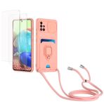 Kaslly için Samsung Galaxy A71 4G Telefonu Kılıfı,[2 adet Ekran Koruyucu],Kayar Kamera Kapağı,Halka Tutucu Destek Standı,Telefonu Zinciri(Çıkarılabilir), Kart Yuvaları-Pembe