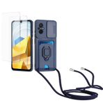 Kaslly için Xiaomi POCO M5 Telefonu Kılıfı,[2 adet Ekran Koruyucu],Kayar Kamera Kapağı,Halka Tutucu Destek Standı,Telefonu Zinciri(Çıkarılabilir), Kart Yuvaları-lacivert