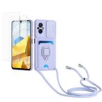 Kaslly için Xiaomi POCO M5 Telefonu Kılıfı,[2 adet Ekran Koruyucu],Kayar Kamera Kapağı,Halka Tutucu Destek Standı,Telefonu Zinciri(Çıkarılabilir), Kart Yuvaları-Mor