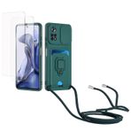 Kaslly için Xiaomi POCO X4 Pro 5G Telefonu Kılıfı,[2 adet Ekran Koruyucu],Kayar Kamera Kapağı,Halka Tutucu Destek Standı,Telefonu Zinciri(Çıkarılabilir), Kart Yuvaları-Koyu Yeşil
