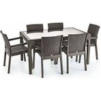 Kastamonu Plastik Rattan Masa Takimi 80x140 Camlı Masa 6 Kişilik Sandalye Seti Bahçe Balkon Teras Takımı - Kahverengi