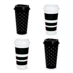 Kate Spade New York Siyah/Beyaz Kapaklı Yeniden Kullanılabilir Kahve Fincanları, Seyahat Bardak Seti, 4'lü Set, 16 oz BPA İçermeyen Kapaklı Plastik Bardaklar, Sıcak veya Soğuk İçecekler için Kahve