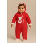Katia & Bony Bebek Teddy Desenli Içi Peluş Kapüşonlu Tulum Kırmızı - 3 - 6 Ay