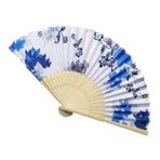 Katlanır Japon Tarzı El Yelpazesi, 38x21 cm, Mavi Çiçek Desenli, Bambu ve Kumaş