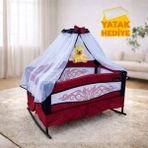 Katlanır Mini Park Beşik Sallanır Anne Yanı Bebek Beşiği 50X80 Metal Tüllü Yatak Hediyeli - Bordo