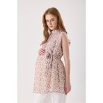 KATLİN MATERNİTY WEAR Hamile Bej Kolsuz Şal Desen Bluz , Şifon Kumaş İçi Astarli , Bel Bağcık, Yaka Düğme ve Fermuar Detaylı