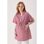KATLİN MATERNİTY WEAR Hamile Bordo Poplin Pamuklu Çizgili Desen Bluz , Bel Bağcık ve Yaka Düğme Detaylı (emzirme)