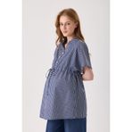 KATLİN MATERNİTY WEAR Hamile Lacivert Poplin Pamuklu Çizgili Desen Bluz , Bel Bağcık ve Yaka Düğme Detaylı (emzirme)