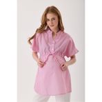 KATLİN MATERNİTY WEAR Hamile Pembe Poplin Pamuklu Çizgili Desen Bluz , Bel Bağcık ve Yaka Düğme Detaylı (emzirme)