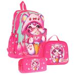 Kaukko Kids Dört Bölmeli Okul Çantası + Beslenme Çantası + Kalemlik Seti Pembe Dondurma Yiyen Kedi Desenli Kız Çocuk
