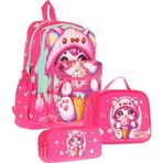 Kaukko Kids Dört Bölmeli Okul Çantası + Beslenme +Kalemlik Seti (Dondurma Yiyen Kedi - Kız Çocuk - Pembe)