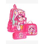 Kaukko Kids Dört Bölmeli Okul Çantası + Beslenme +Kalemlik Seti (Dondurma Yiyen Kedi - Kız - Pembe)