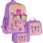 Kaukko Kids Dört Bölmeli Okul Çantası + Beslenme +Kalemlik Seti (Kelebek - Kız Çocuk - Mor Pembe)