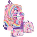 Kaukko Kids Dört Bölmeli Okul Çantası + Beslenme +Kalemlik Seti (Unicorn - Kız Çocuk - Pembe Mor) - Pembe - Mor