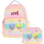 Kaukko Kids Dört Bölmeli Okul Çantası ve Beslenme Çantası Seti - Simli Kalp ve Çiçek Detaylı - Kız Çocuk (L5213+L7213) - Sarı - Pembe