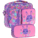 Kaukko Kids Kız Çocuk Mor Pembe Tavşan Baskılı Üç Bölmeli Thermo Beslenme Çantası ve Kalemlik Seti (L7220+L8220) - Pembe - Mor