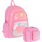 Kaukko Kids Pullu Bulut Desenli, Kız Çocuk Pembe Okul Çantası + Beslenme Çantası Seti (L5218+L7218)