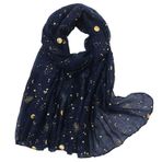 KAVINGKALY Kadınlar için Hafif Şallar Moda Simli Yıldızlar Baskılı Eşarp, lacivert mavi, M