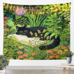 Kawaii kedi duvar halısı, S beden, sevimli evcil hayvan, kedi, yatak odası için duvar örtüsü, sulu boya, bahçe bitkisi, siyah, yeşil, turuncu, çocuklar için duvar süsü