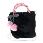 Kawaii-Story LB-7093-2 Siyah Pelüş Sahte Kürk Alışveriş Çantası Ponponlu Kadife Kulplu Bayan Çanta Pastel Goth Harajuku, Siyah