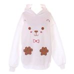 Kawaii-Story TS-331-1 Beyaz Ayıcık Yüzü İşlemeli Büyük Beden Kapüşonlu Sweatshirt Kazak Pastel Goth