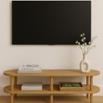 Kayın Masif Ahşap Oval Tv Ünitesi -160X38CM – Modern 2 Katlı Raflı Tasarım Masif Tv Ünitesi
