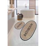 Kaymaz Yıkanabilir Banyo Paspası, Bathroom Yazılı, Estetik, Oval, Jüt Görünümlü Paspas