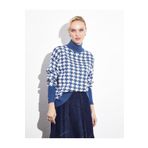 Kayra Exclusive Balıkçı Yaka Kaz Ayağı Desen Triko Bluz Indigo Ekru