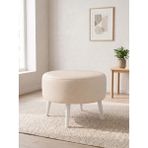 Kayser Home Büyük Yuvarlak Deri Puf - 60 cm Ahşap Beyaz Ayaklı Salon ve Orta Sehpa Pufu Krem - 46 x 60