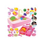 Kayyum Oyuncak Mutfak Çeşmeli Lavabo Set + Barbie Bulaşıklık + Tabaklar + Kesilebilen Meyve Set Depomiks