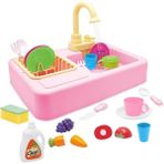 Kayyum Oyuncak Pilli Modern Mutfak Lavabo Seti 25 Parça - Pembe - Açık Pembe
