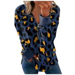 Kazak Kadın Uzun Kollu Tişört V Yaka Üst Parça Leopar Desenli Sweatshirt Kazak Sonbahar Kış Kazak Fermuarlı Bol Günlük Kazak Üst Giyim, Lacivert, L