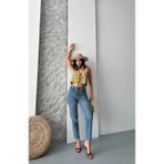 Kazax Mom fit bıyık kar yıkama jeans pantolon koyu mavi d2006