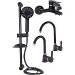 Kca Siyah Krom Sürgülü Duş, Mutfak, Banyo, Lavabo 4'lü Set