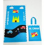 Keçeli Dünyam Isme Özel Çocuk Seccadesi Takımı (Seccade, Seccade Çantası ve Tespih), (Keçe Kumaştan) - 50 x 85 cm - Mavi