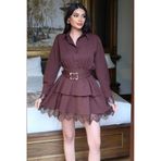 Kechi Woman Double Kumaş Dantel Detay Gömlek Elbise - Kahverengi - XL - Model Kodu: KW2817