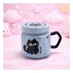 Kedi Baskılı Kapaklı Seramik Kupa Bardak Kawaii Tasarım Kahve Fincanı Hediyelik Ofis (Mavi-Gold)