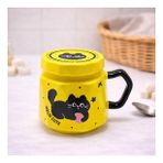 Kedi Baskılı Kapaklı Seramik Kupa Bardak Kawaii Tasarım Kahve Fincanı Hediyelik Ofis (Sarı-Ekru)