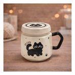 Kedi Baskılı Kapaklı Seramik Kupa Bardak Kawaii Tasarım Kahve Fincanı Hediyelik Ofis (Tatlı Beyaz)
