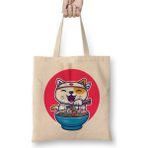 Kedi Cat Eating Ramen Noodle Bez Çanta Uzun Saplı - Açık Bej - 40 X 40