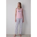 Kedi Desenli Sleepy Bisiklet Yaka Askılı Pamuklu Pijama Takımı