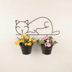Kedi Figürlü Duvar Saksılığı - Metal Askılı İkili Saksı ve Çiçeklik (Siyah)